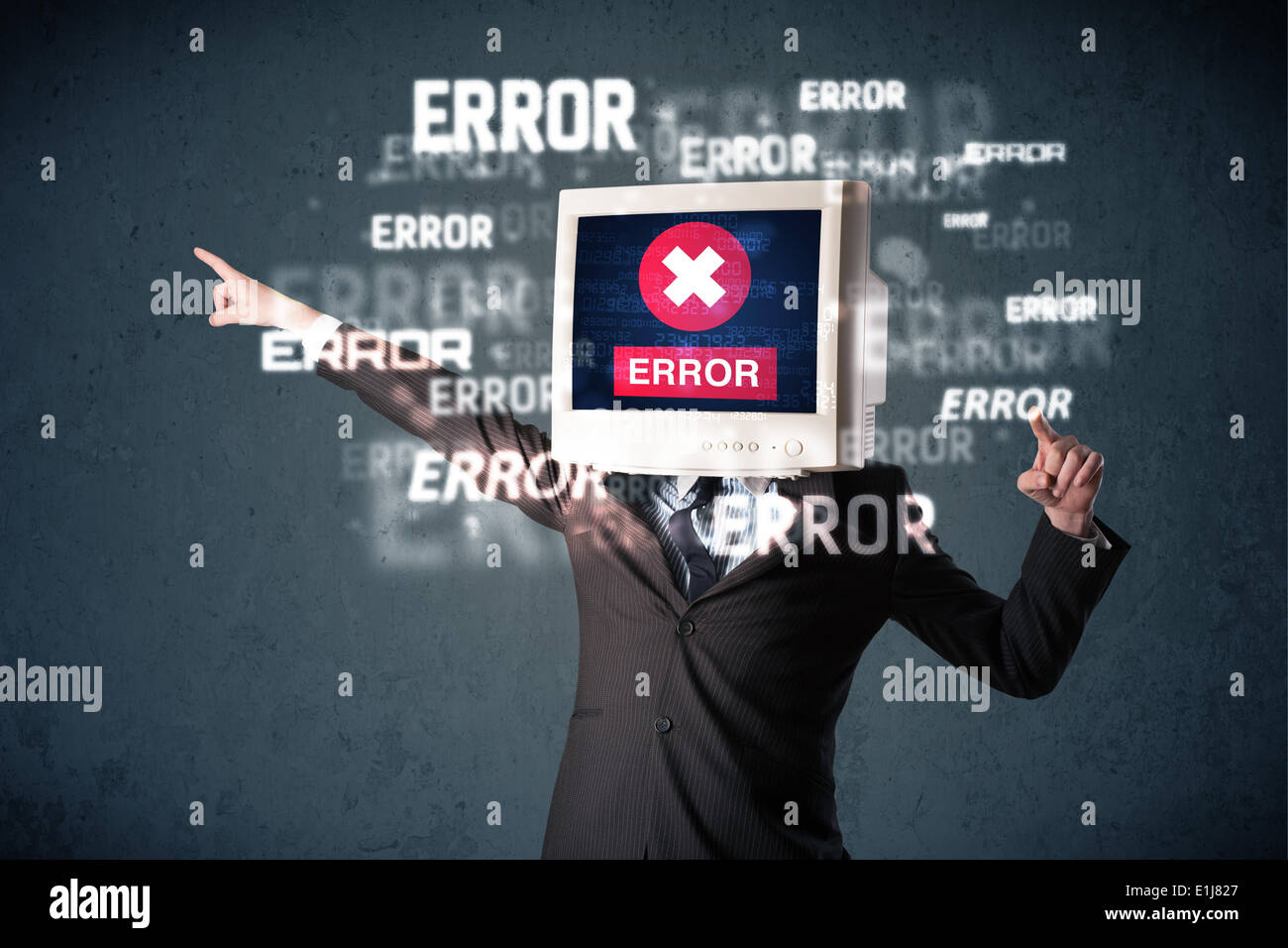 Business man with pc monitor on his head and error messages on the display Stock Photo