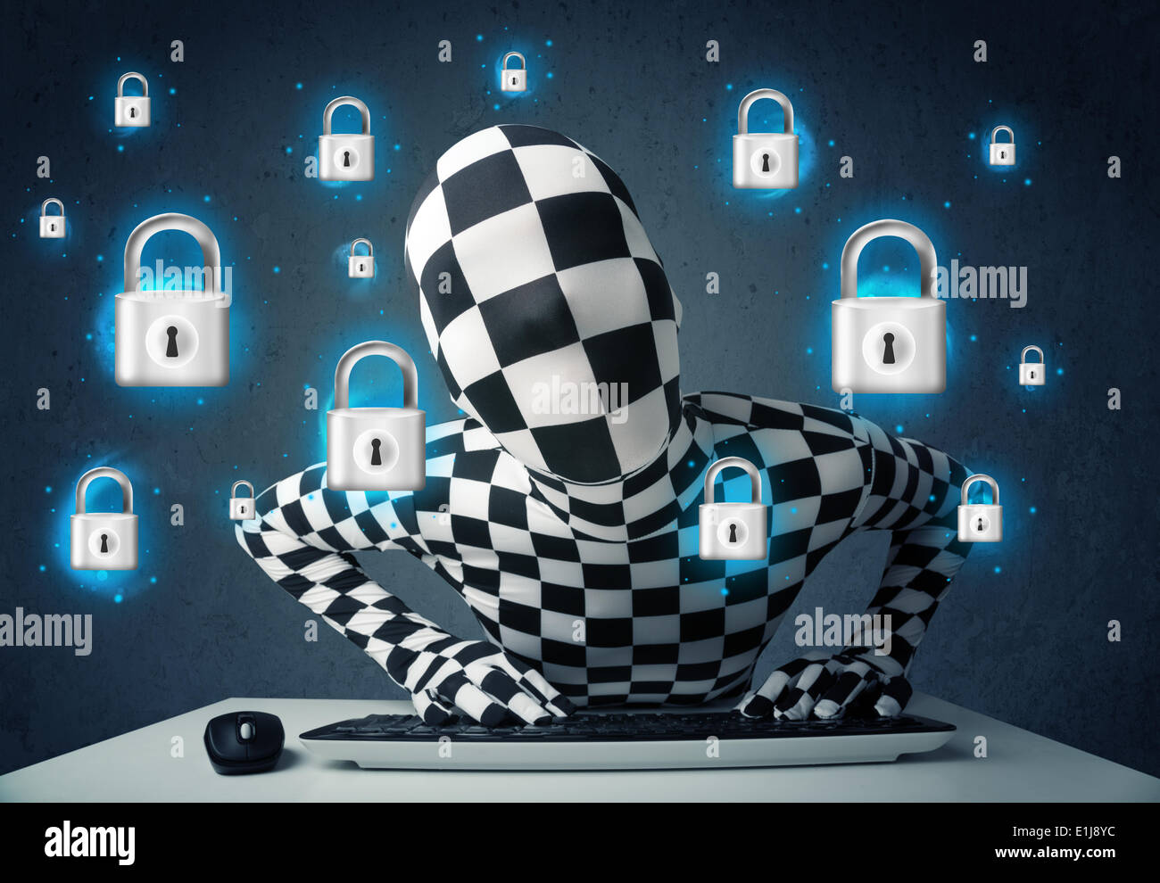 Hacker in disguise with virtual lock symbols and icons Stock Photo - Alamy