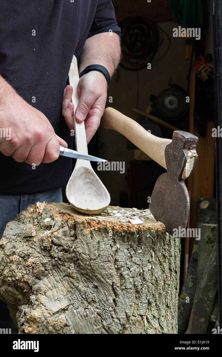 Wood Carver Hand Carving a Wooden Ladle with Knife UK Stock Photo 69859141 Alamy