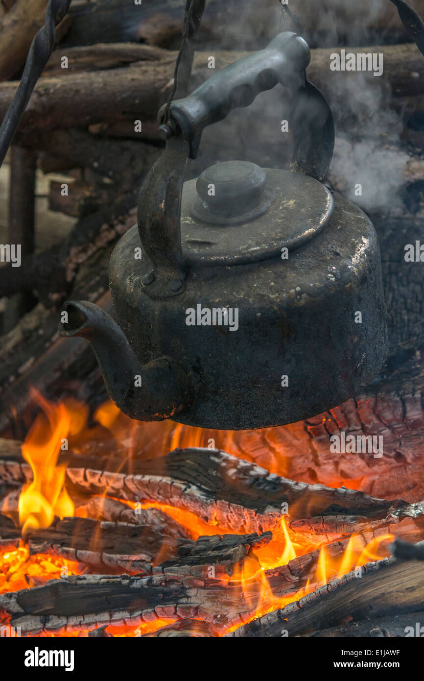 High angle close up of kettle over camp fire in a forest. stock photo