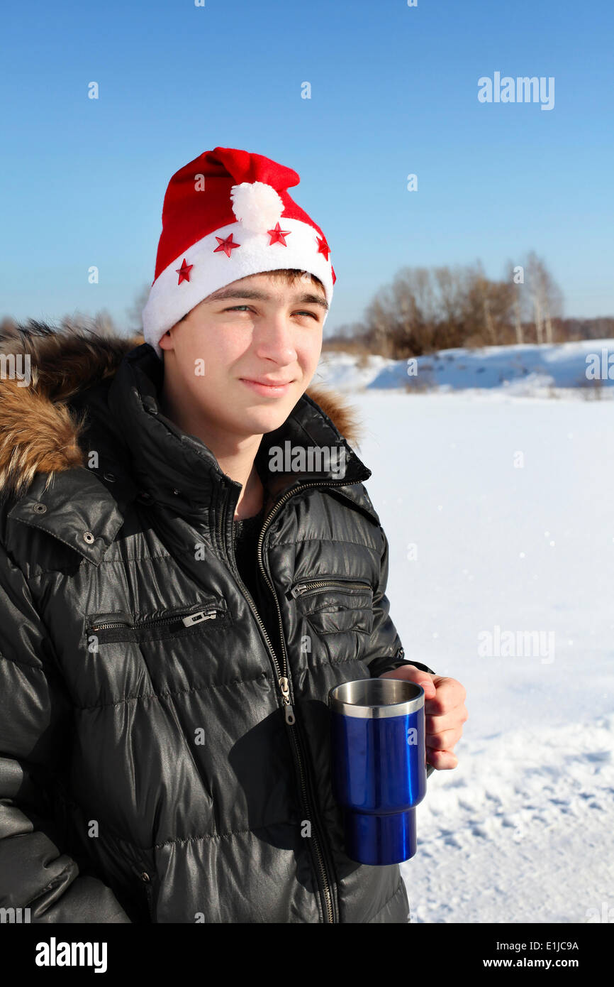 Young Man in Santa Hat Stock Photo