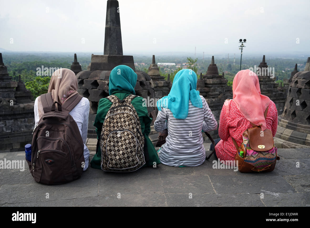 School girls visiting Borobudur temple, Indonesia Stock Photo