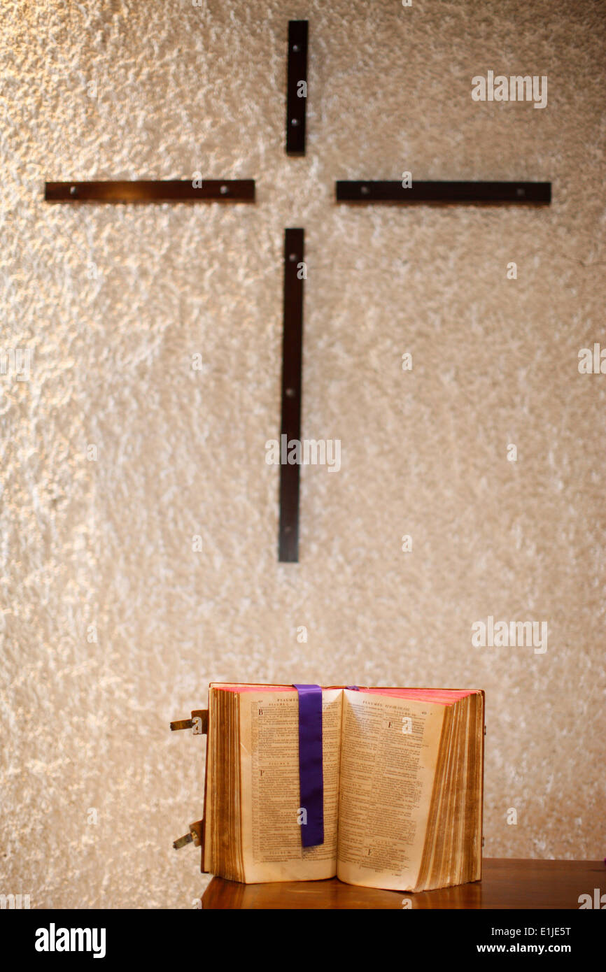 Holy Bible in french  from the 18th century in a Protestant Church. Stock Photo
