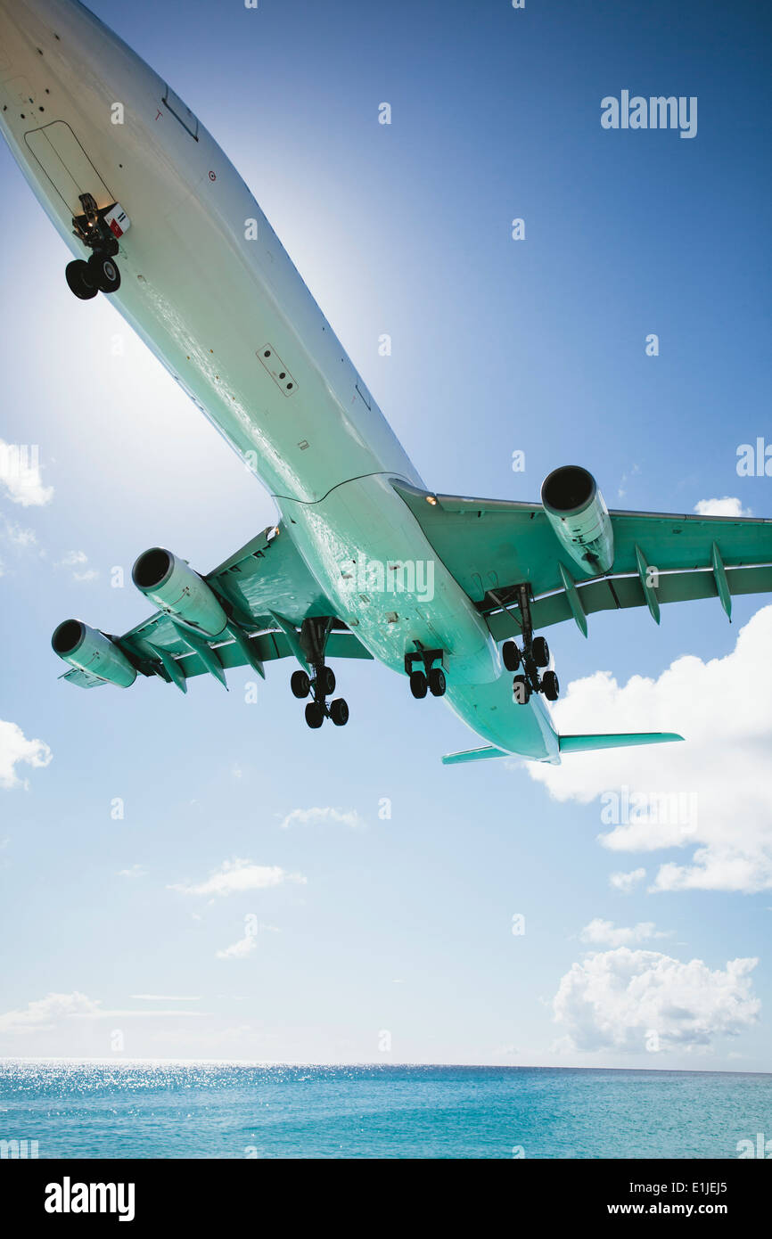 Plane landing, Mullet Bay, St Maarten Island, Netherlands Stock Photo