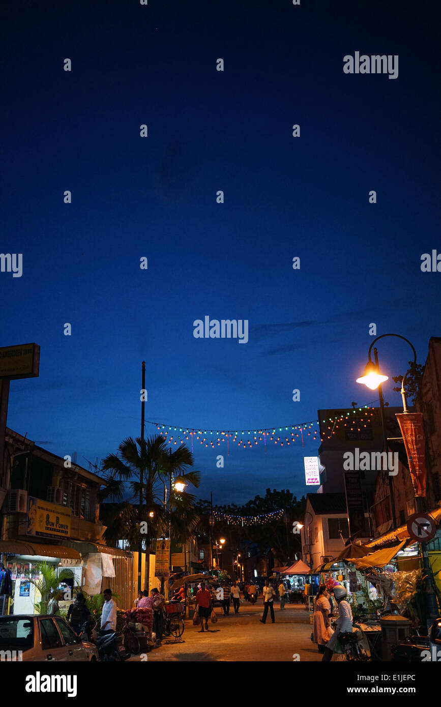 Evening street scene in the Little India section of Penang, Malaysia Stock Photo