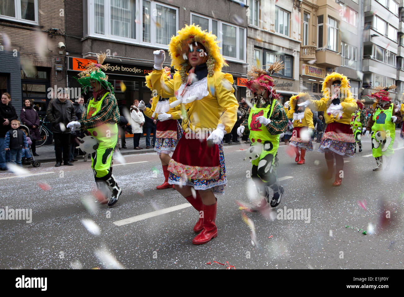 Marching parade in vivid coloured costumes, Ostend Carnival, Belgium Stock Photo