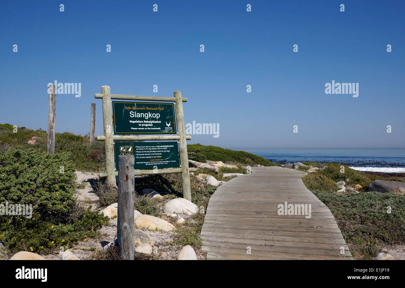 Slangkop sign in the Table Mountain National Park in Kommetjie, near Cape Town. Stock Photo
