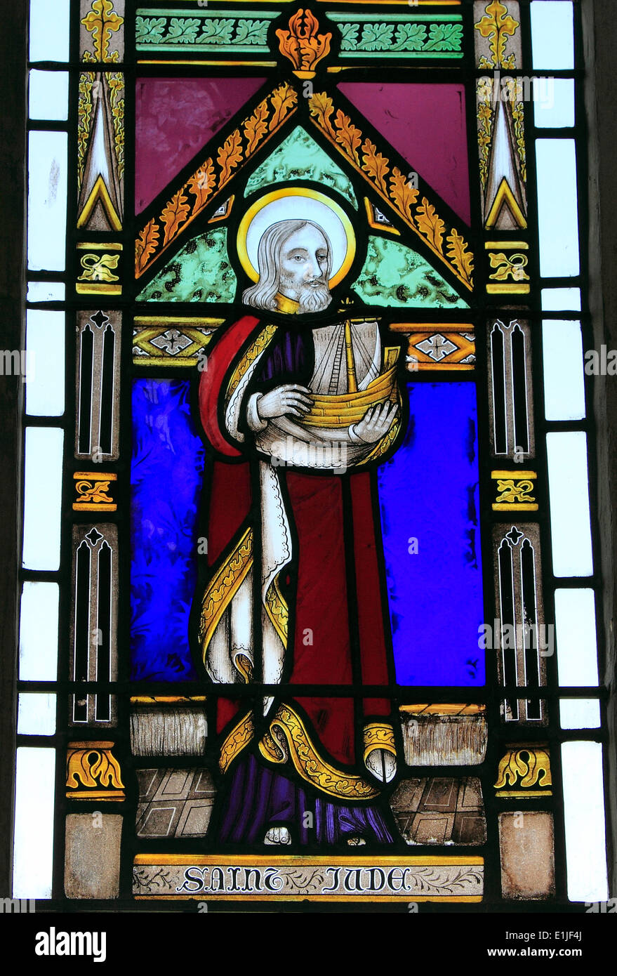 St. Jude, stained glass window, by Joseph Grant, c. 1855 Wighton, Norfolk England UK English Victorian windows, saint saints Stock Photo