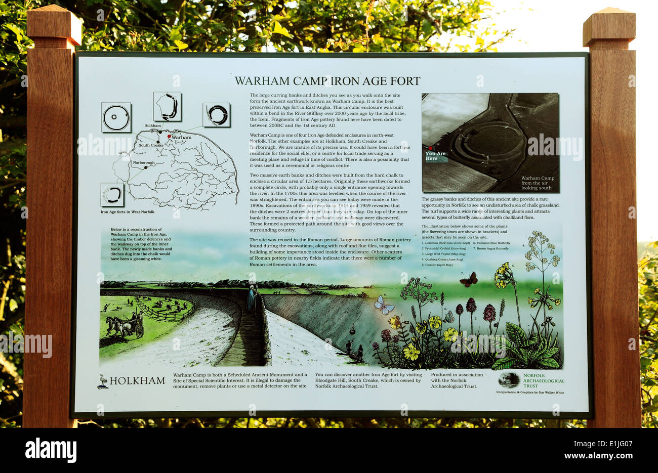 Warham Camp Iron Age Fort information panel, Norfolk prehistory, prehistoric England UK English forts Stock Photo