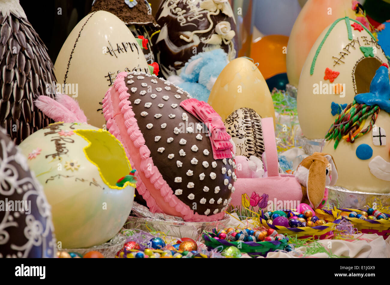 Australia. Easter display of large decorated holiday chocolate eggs and