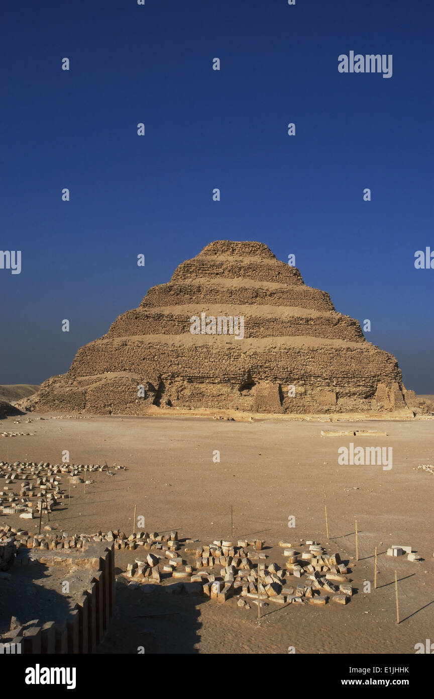 Egypt. Saqqara necropolis. The Pyramid of Djoser (Zoser) or step pyramid built by Imhotep. Third dynasty. Old Kingdom. Stock Photo