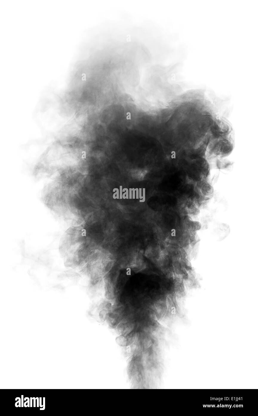 Black steam looking like smoke isolated on white background. Big cloud of black smoke. Stock Photo