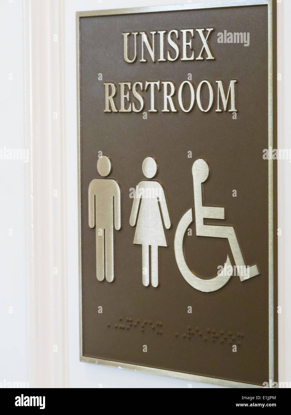 Unisex and Wheelchair Accessible Public Restroom  Sign, USA Stock Photo