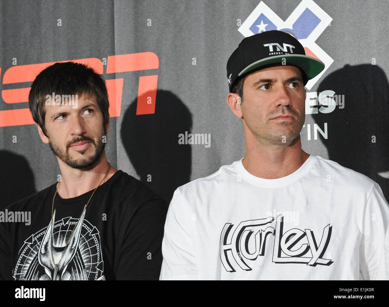 Austin, Texas, USA. 4th June, 2014. Chris Cole (L) and Bob Burnquist attend the X Games press conference at Circuit Of The Americas on June 4, 2014 in Austin, Texas. EDITORIAL USE ONLY. Credit:  Manuel Nauta/NurPhoto/ZUMAPRESS.com/Alamy Live News Stock Photo