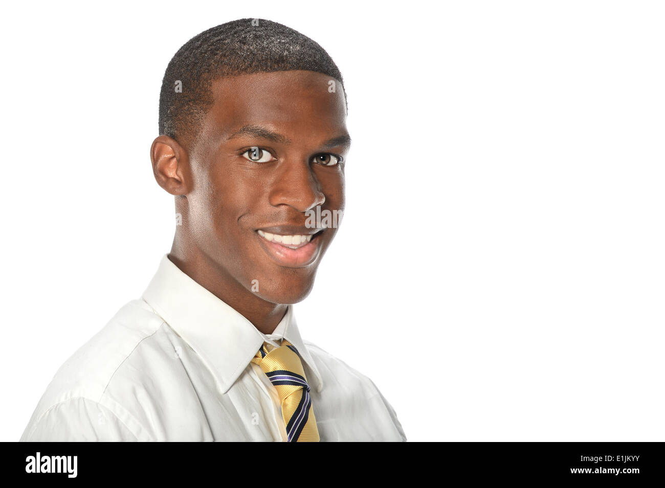 Portrait of young African American businessman isolated over white ...