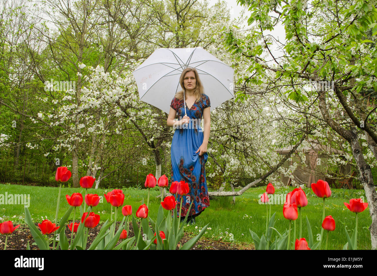 beautiful blonde girl with blue dress posing in park flower tree with umbrella Stock Photo