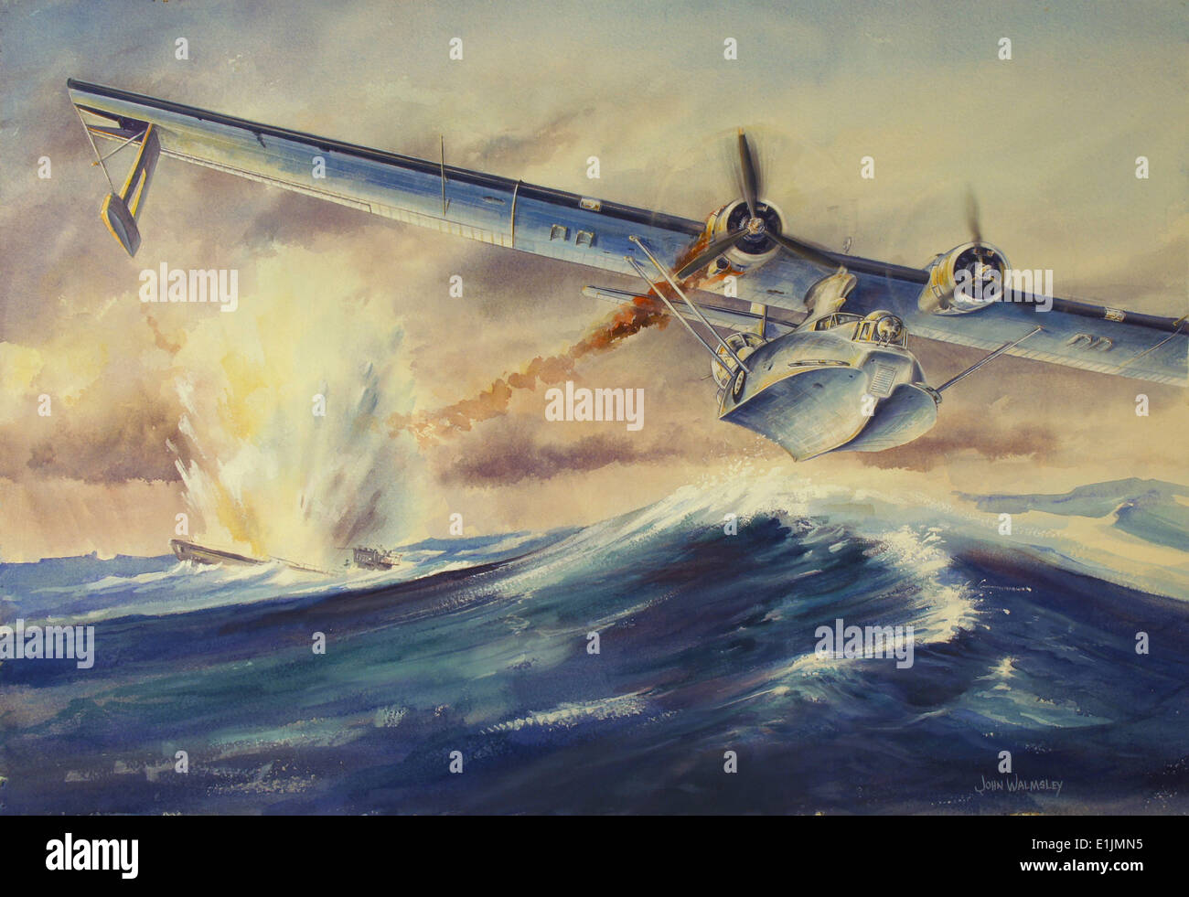 A damaged PBY Catalina aircraft after the attack and sinking of a German U-boat. Stock Photo
