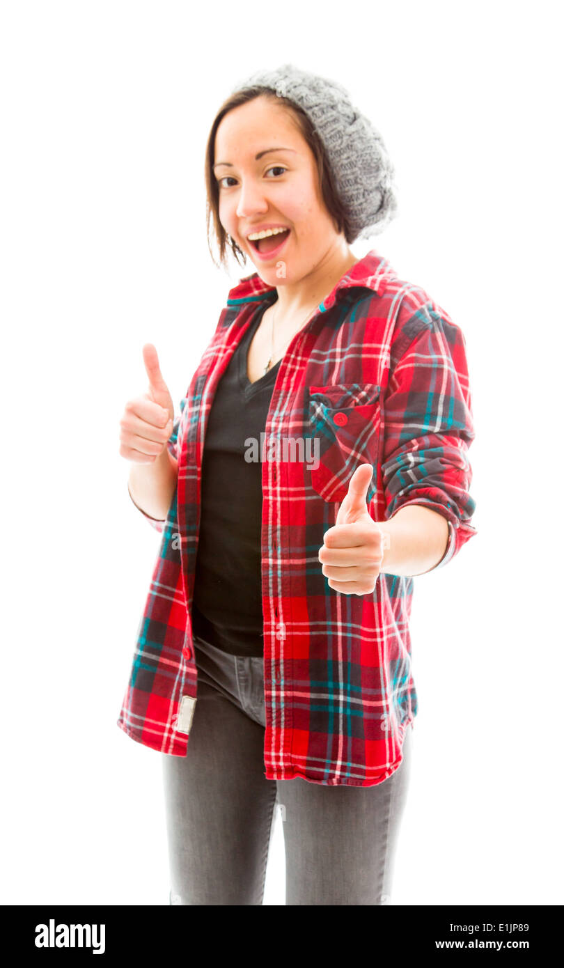 Young woman showing thumbs up sign from with both hands Stock Photo - Alamy