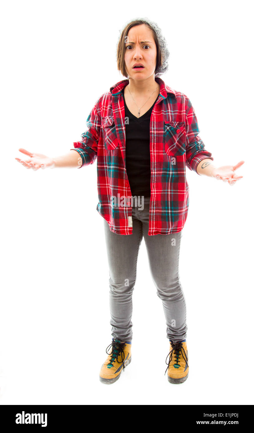 Worried woman spread hands and doesn't know what to do, isolated on white Stock Photo