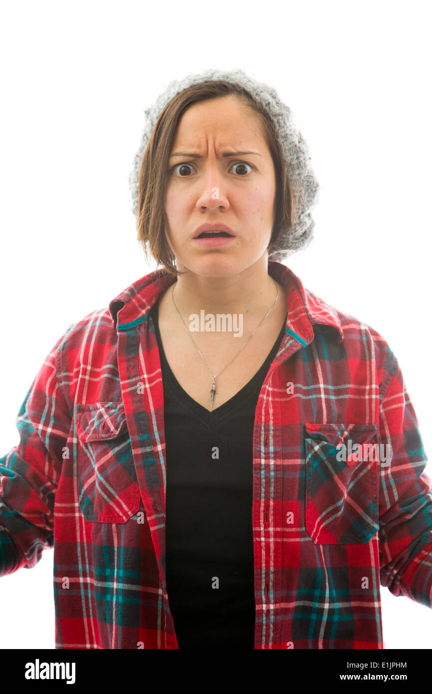 Worried woman doesn't know what to do, isolated on white Stock Photo