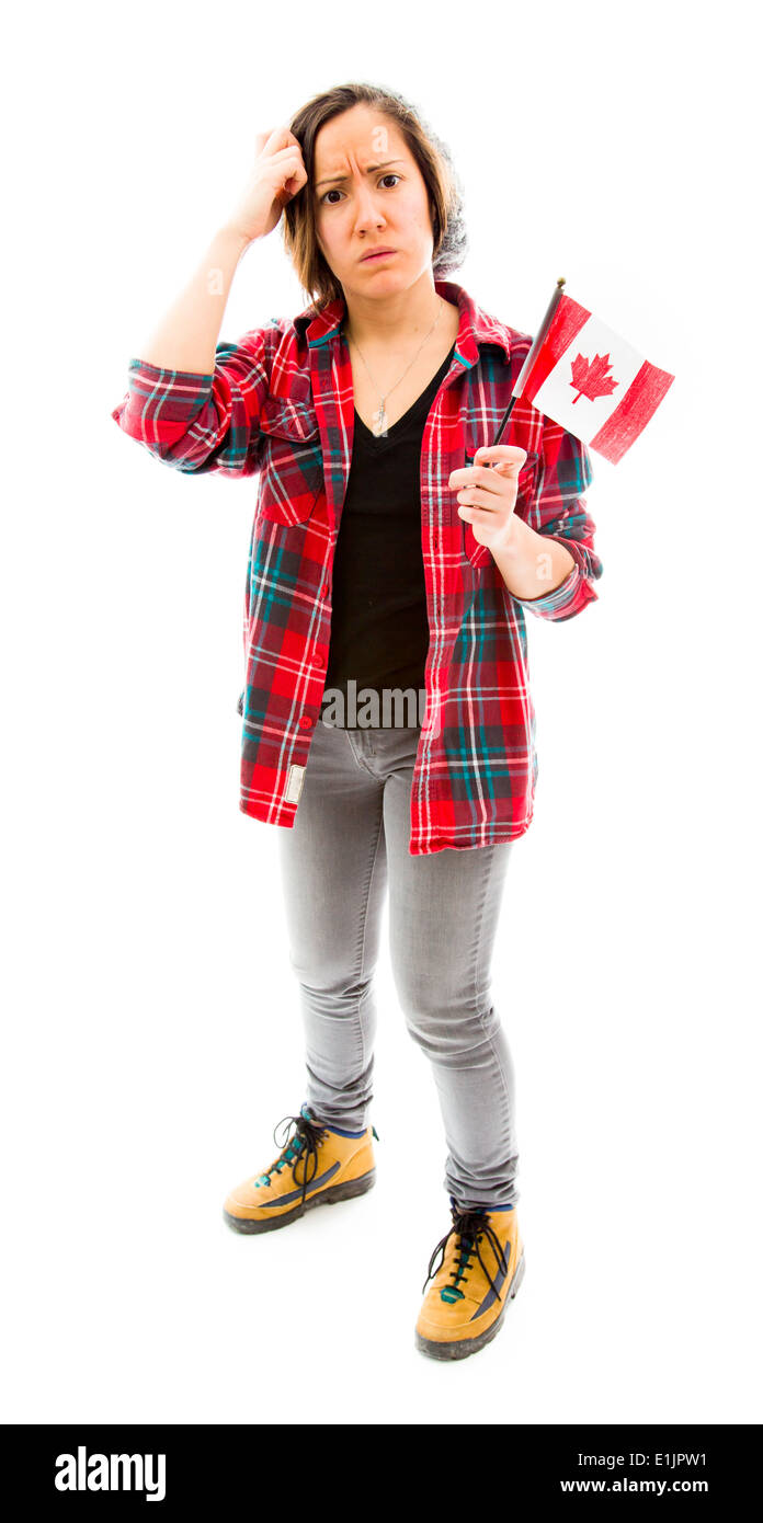 Confused woman with holding Canada flag Stock Photo