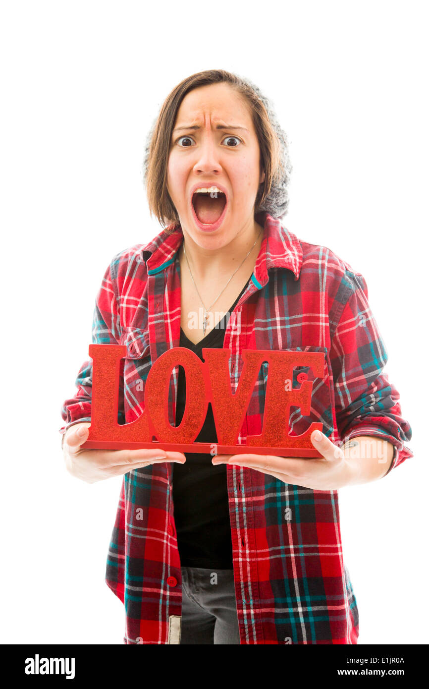 Anger young woman showing love text Stock Photo