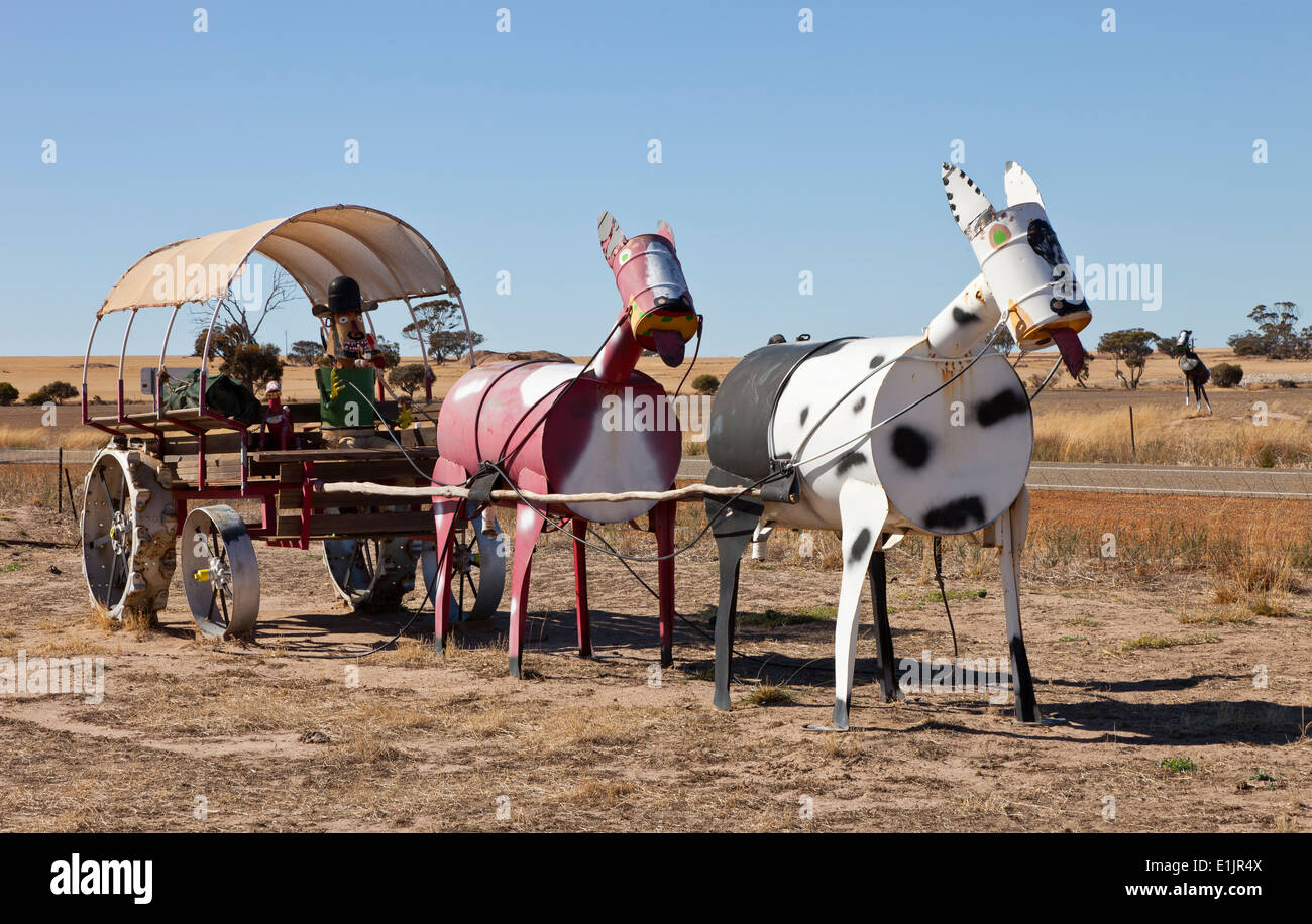 Tin Horses and a wagon on the Tin Horse Highway in Western Australia