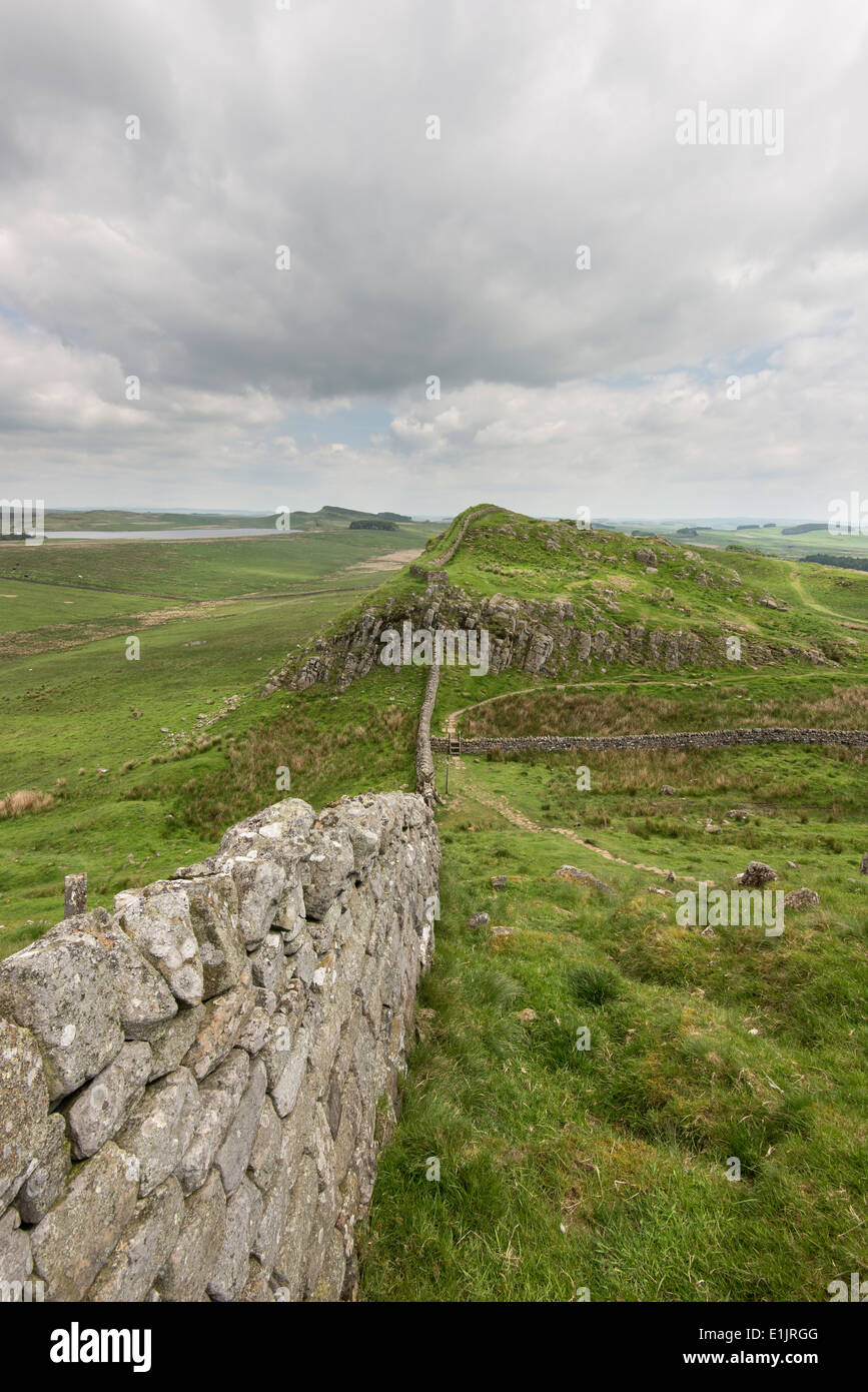A shot of Hadrian's wall in England. Remains of the frontier wall built by the Romans at the edge of their empire. Stock Photo