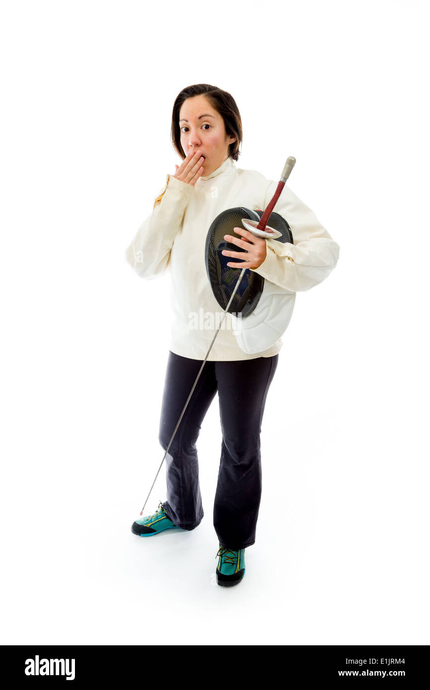 Female fencer hand over her mouth and shock Stock Photo