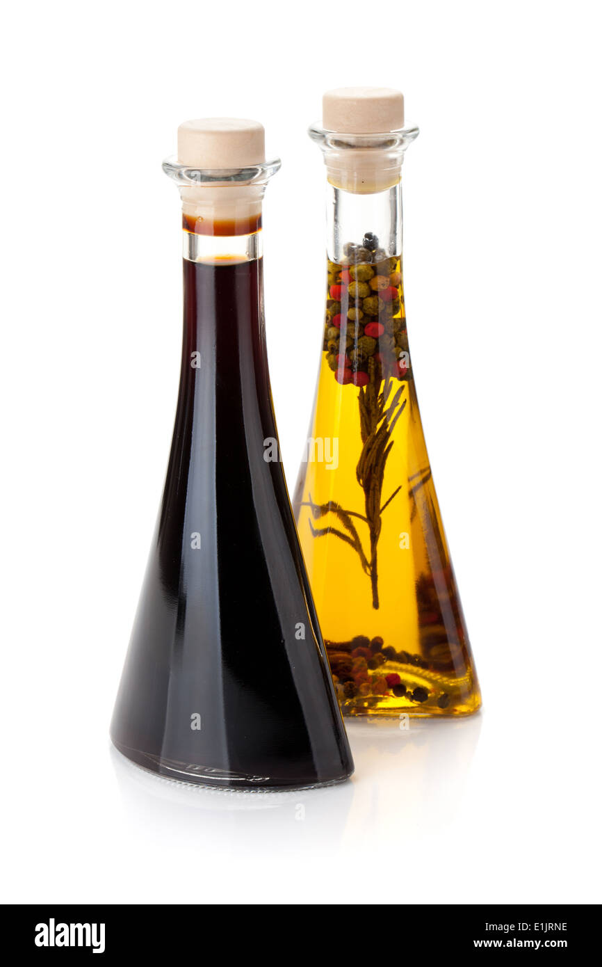 Olive oil and vinegar bottles. Isolated on white background Stock Photo