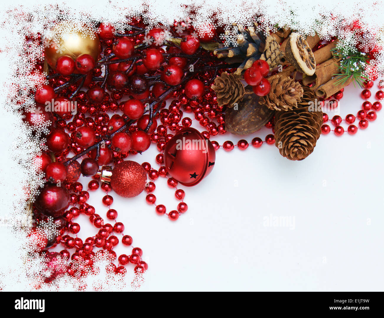 Christmas background with decorations with a snowflake border Stock ...