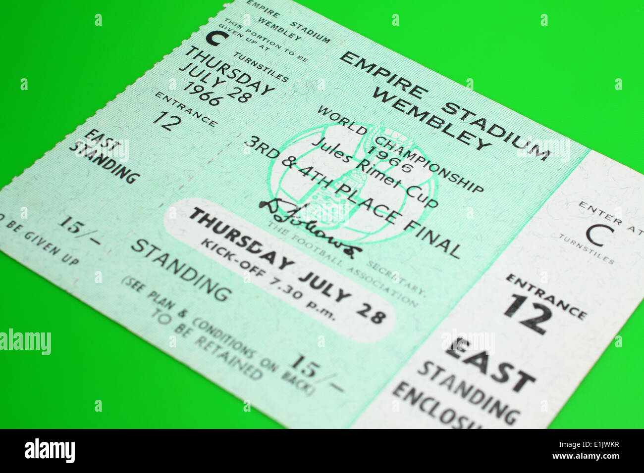 Original 1966 World Cup tickets for the 3rd & 4th Place Final match - Portugal V Soviet Union on a green background Stock Photo