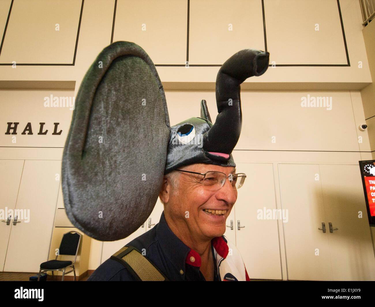 Ft, Worth, Texas, USA. 5th June 2014. At the Texas state Republican convention a Mark Pavlovich from Denton, Texas, shows his loyalty to the party wearing a hat to look like the GOP mascot elephant Credit:  J. G. Domke/Alamy Live News Stock Photo