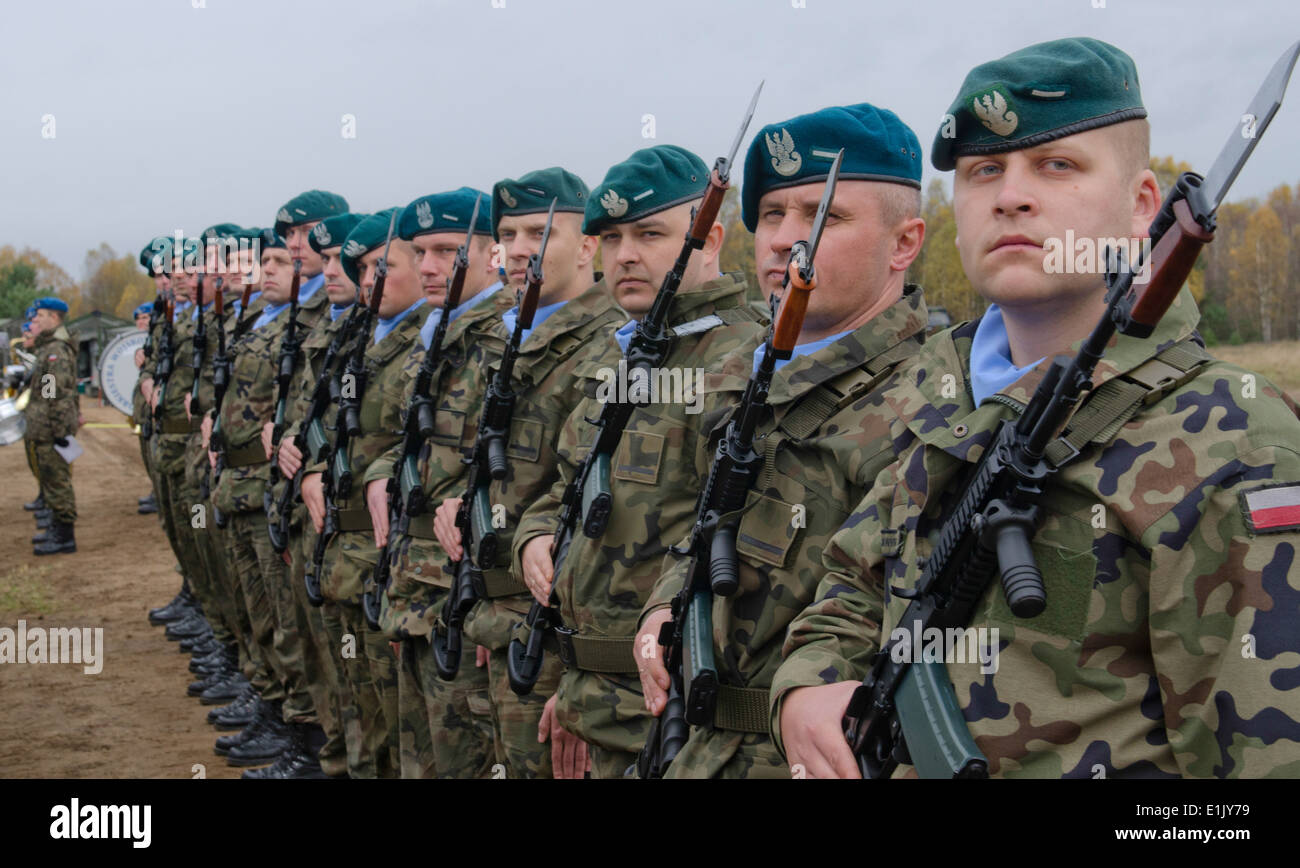 A Polish army honor guard stands in formation with service members from partner nations for a transfer of authority ceremony in Stock Photo