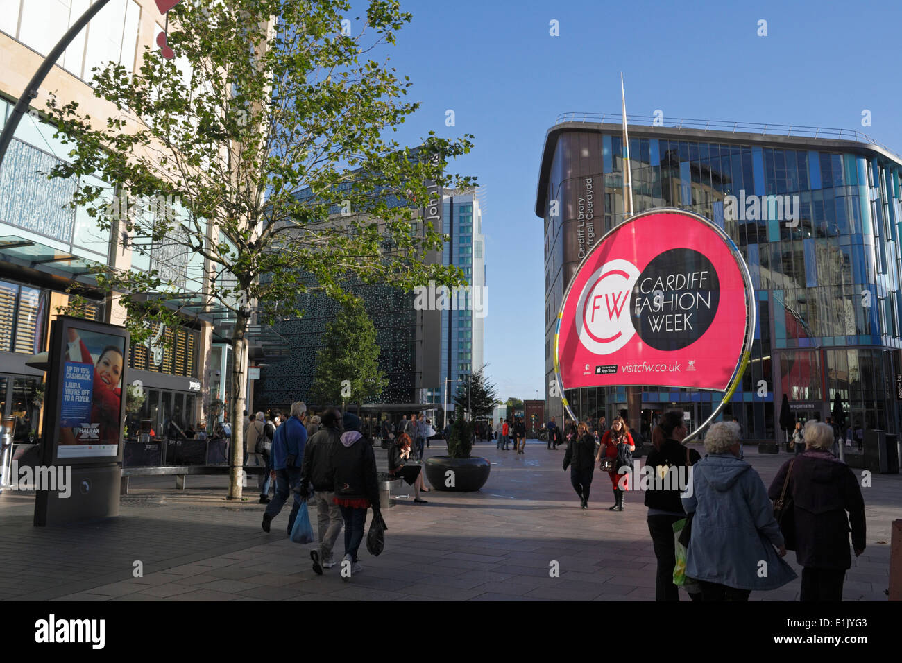 Large advert for Cardiff fashion week on the Hayes, Cardiff city centre Wales UK pedestrian street traffic free zone Stock Photo
