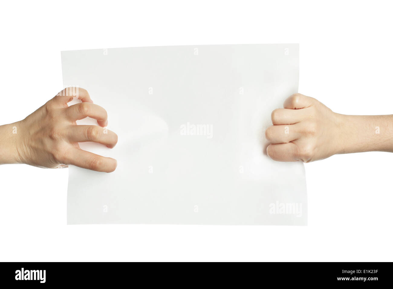 Hands pulling blank paper Stock Photo Alamy