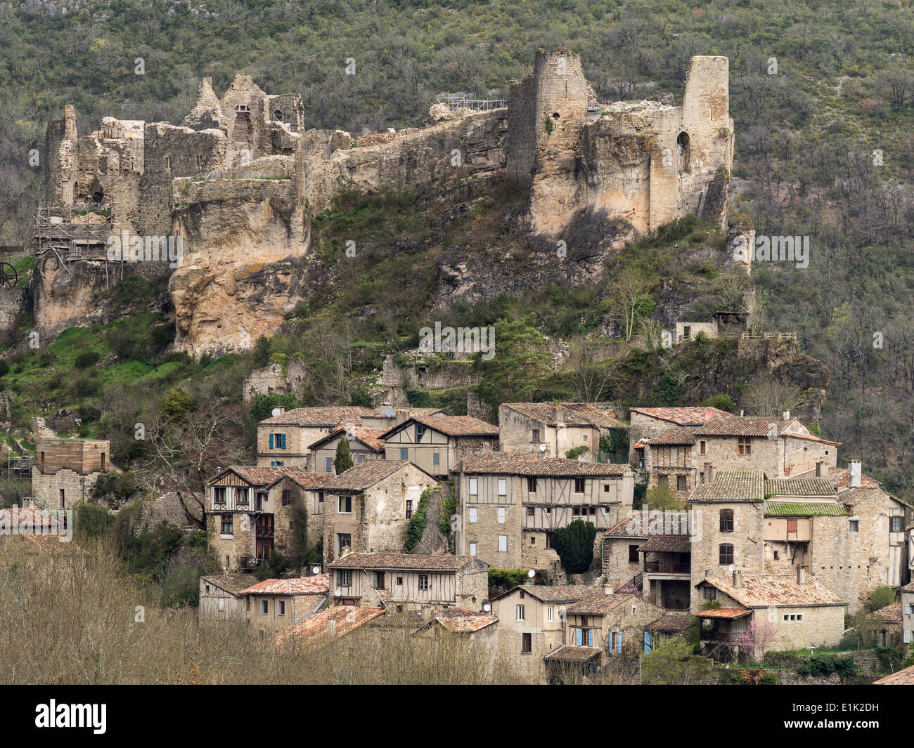Penne Castle Ruin, perched above the town. Perched above the modern town the ancient fortifications on a rough rocky outcrop. Stock Photo
