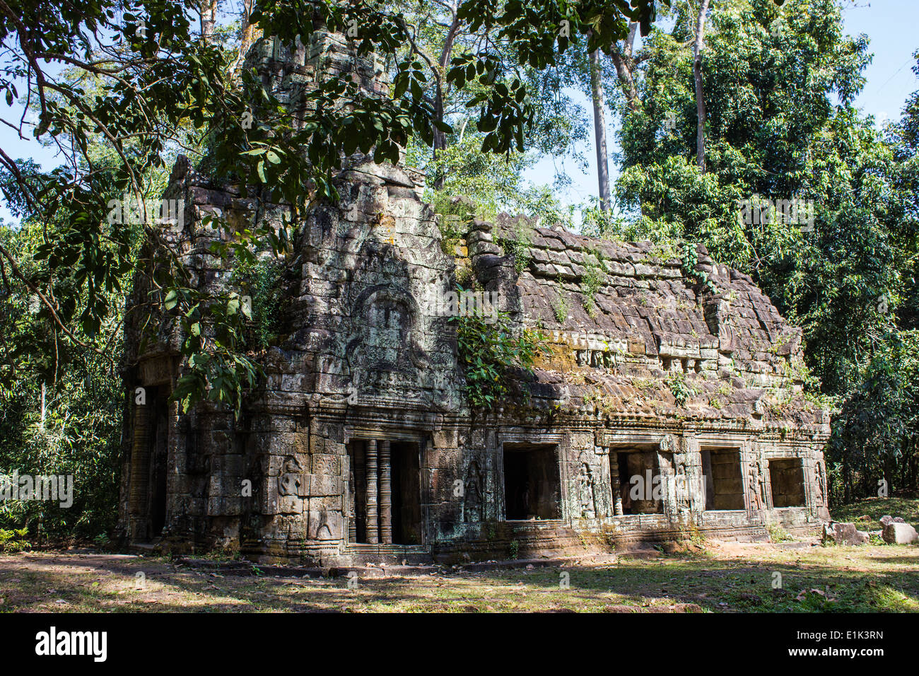 Preah Khan, meaning 'sacred sword,' is a huge, highly explorable monastic complex in Angkor, full of carvings and passages. Stock Photo