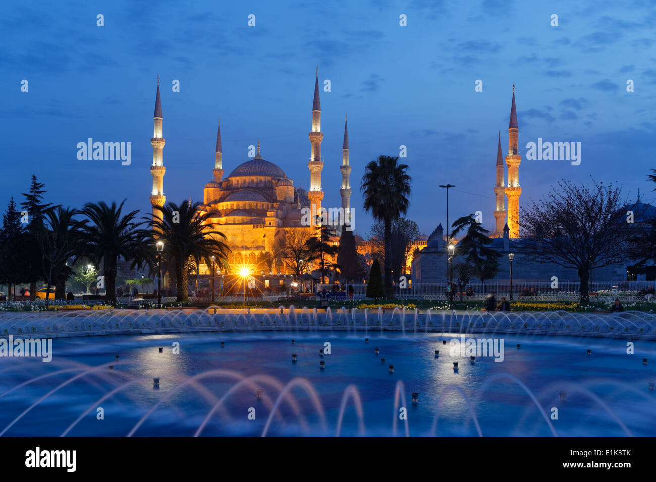 Turkey, Istanbul, Blue Mosque at dusk, Fountain in the park Stock Photo ...