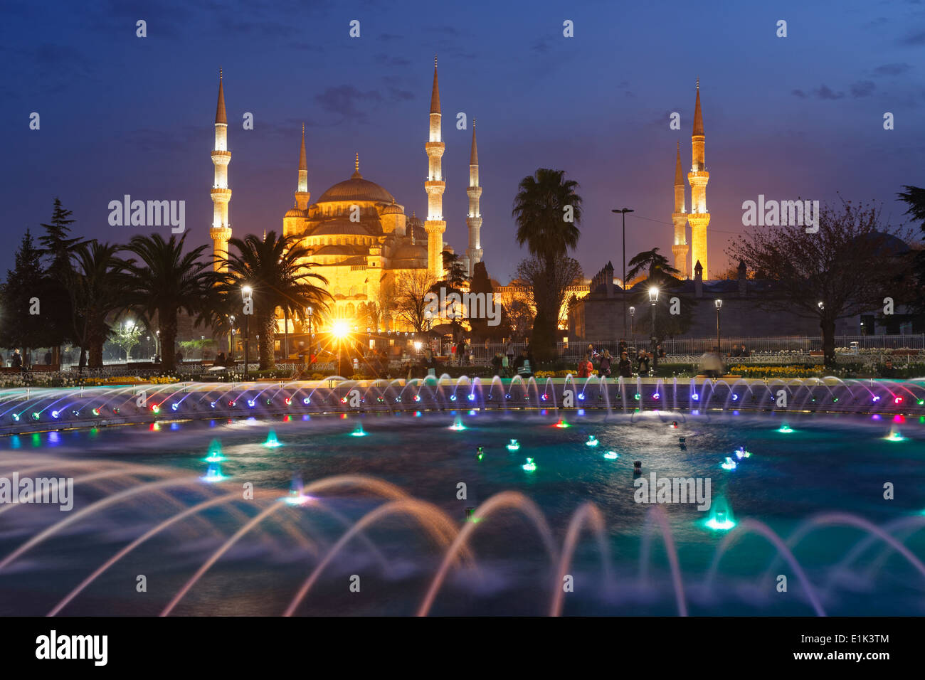 Turkey, Istanbul, Blue Mosque at dusk, Fountain in the park Stock Photo ...