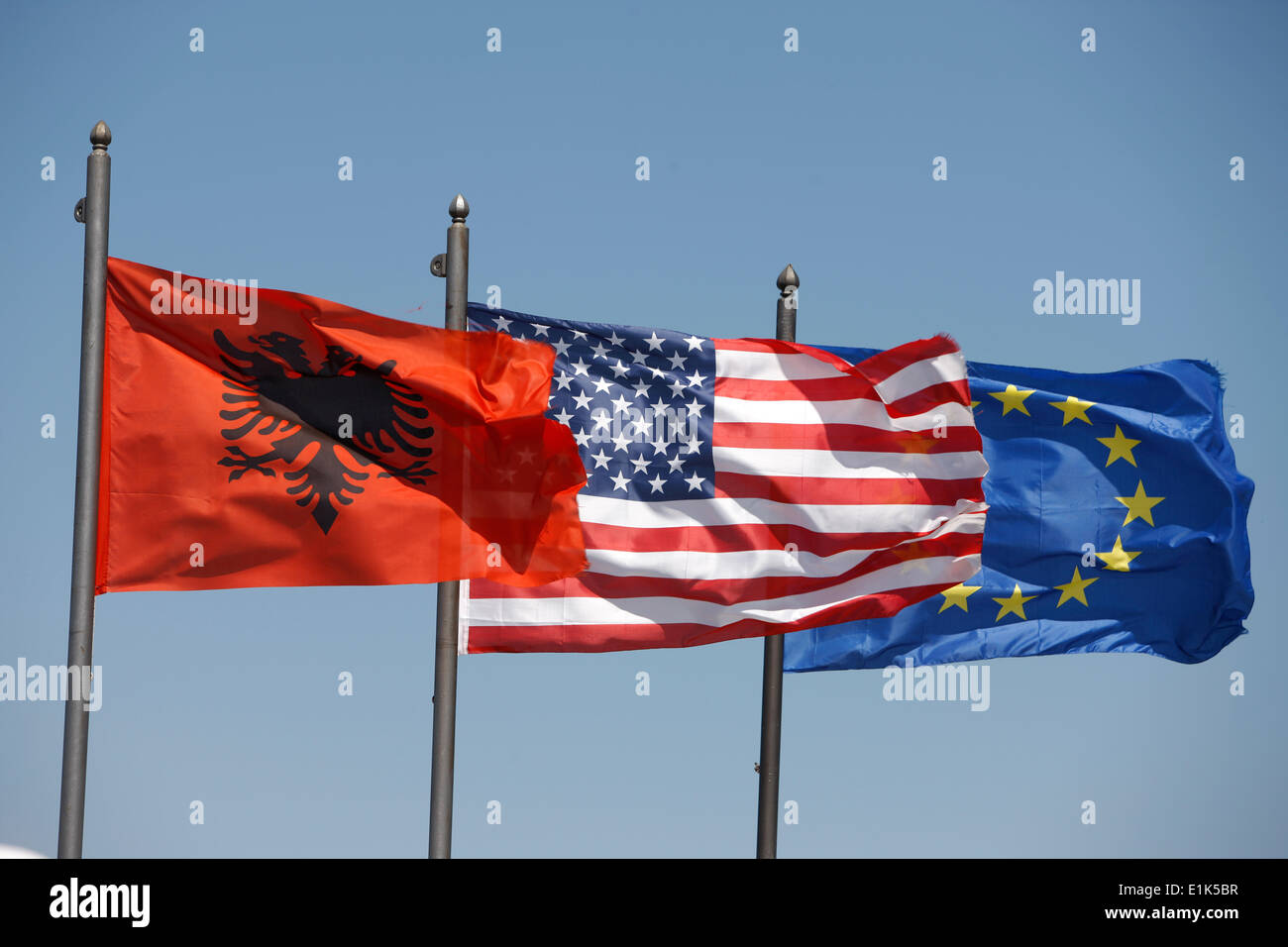 Albanese, American and European flags Stock Photo