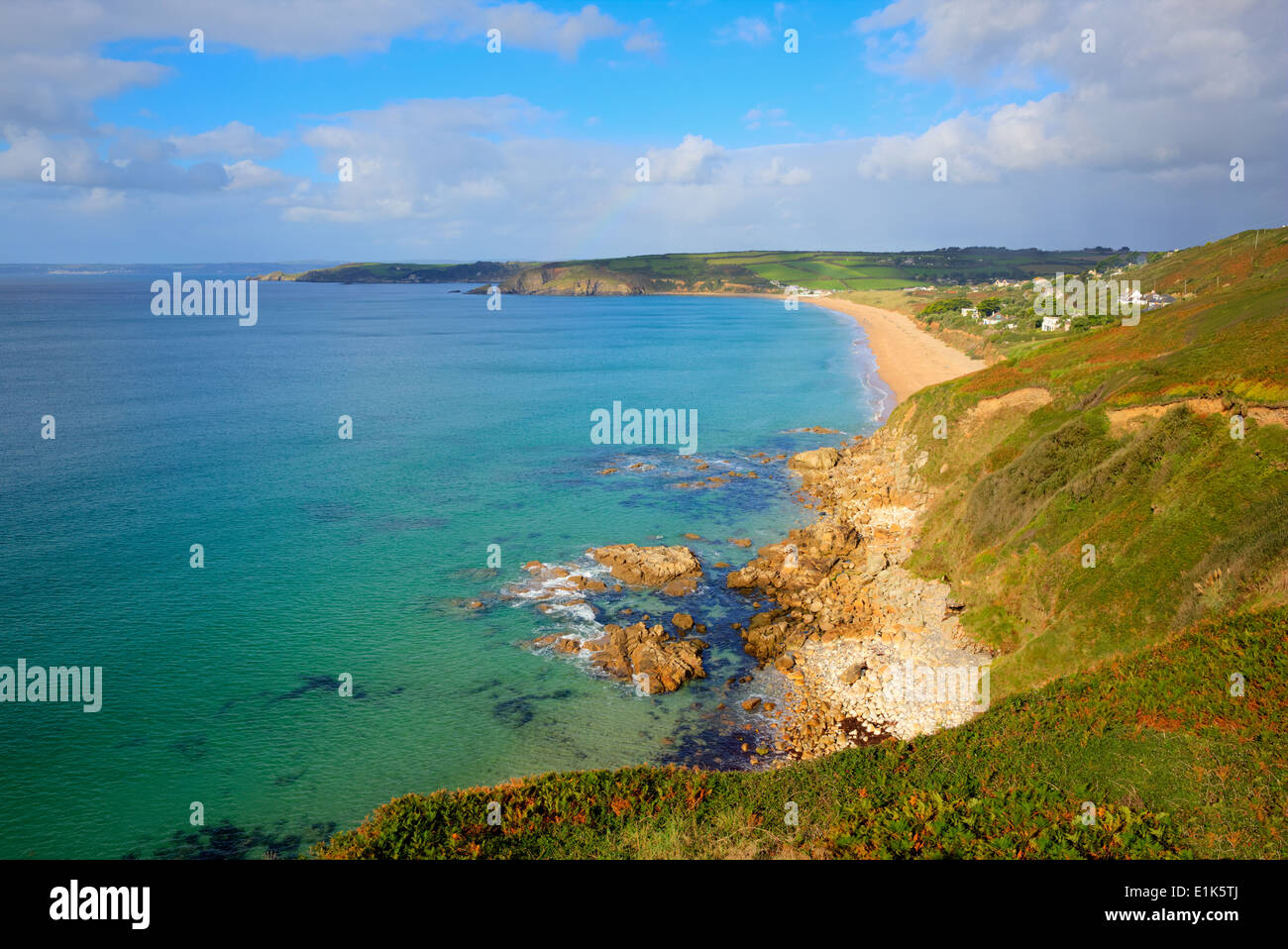 Praa Sands Cornwall England near Penzance and Mullion on the South West Coast Path with sandy beach and blue sky Stock Photo