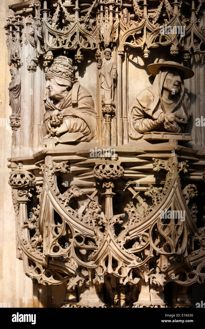St. Stephen's Cathedral.  The stone pulpit,  a masterwork of late gothic sculpture. Stock Photo