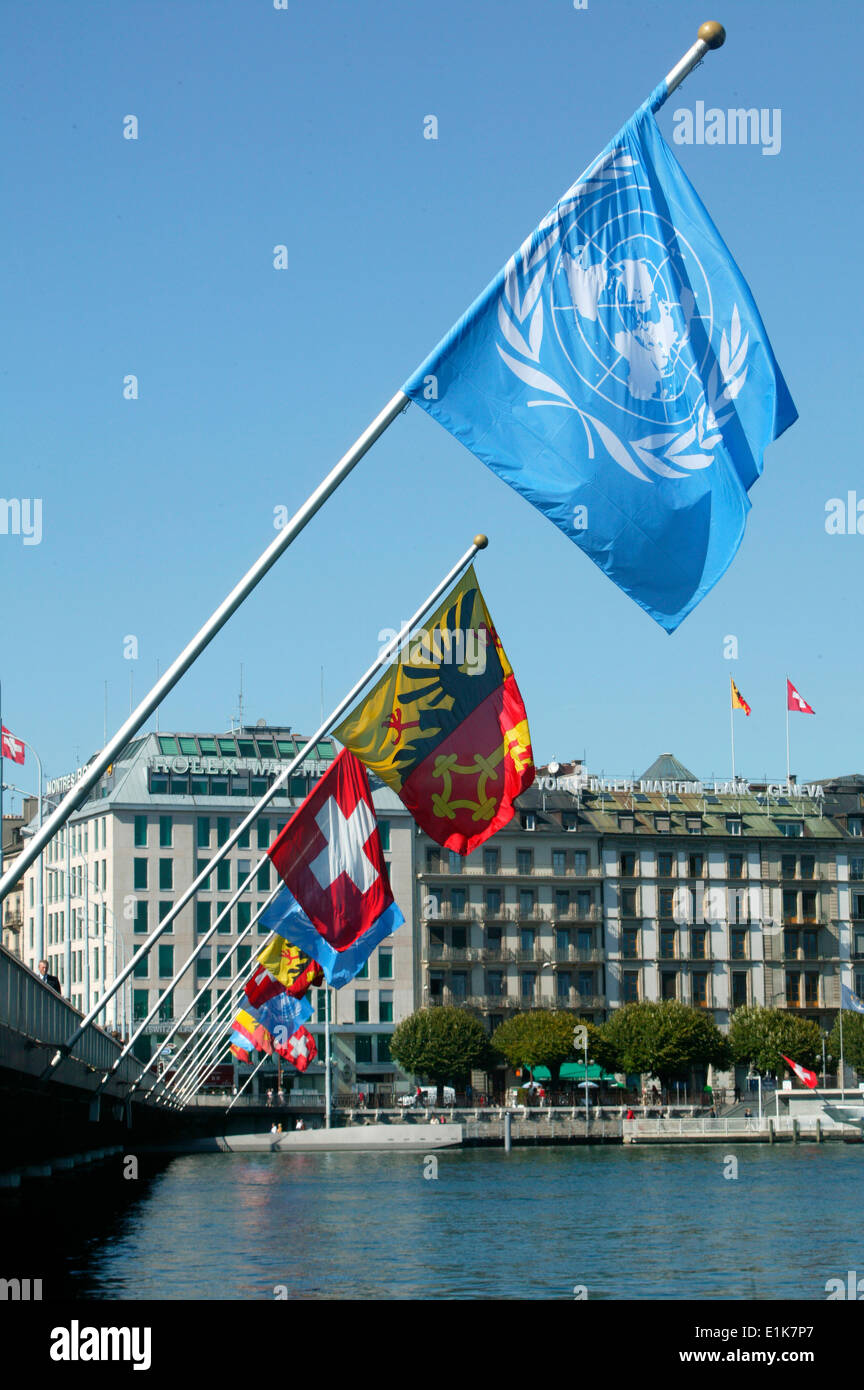 United Nation flag on LŽman lake bridge Stock Photo