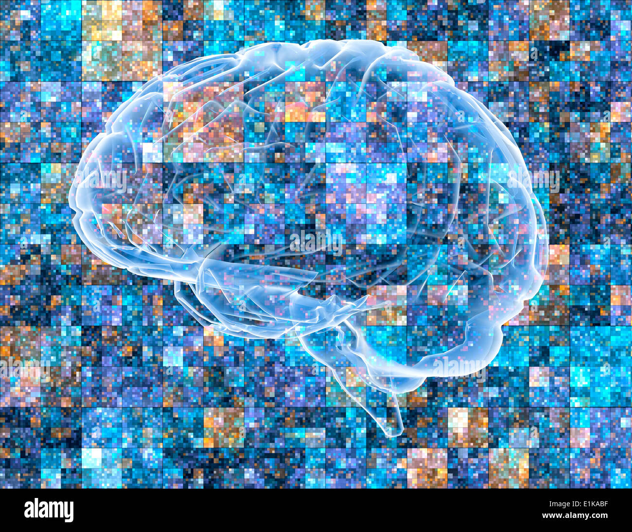 Conceptual computer artwork of a brain over a pixelated background This could represent Alzheimer's disease confusion condition Stock Photo