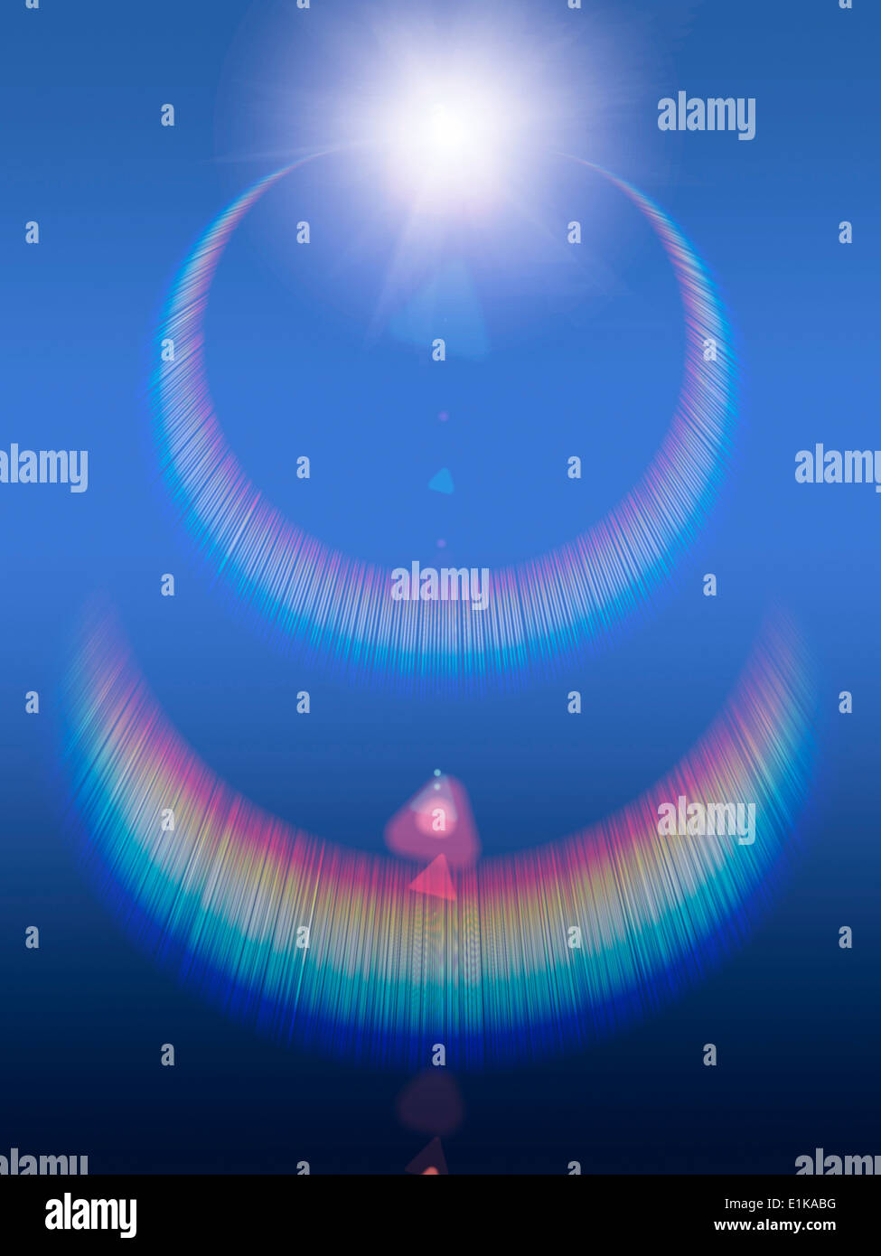 Computer artwork of a bright light source causing colourful chromatic reflections. Stock Photo