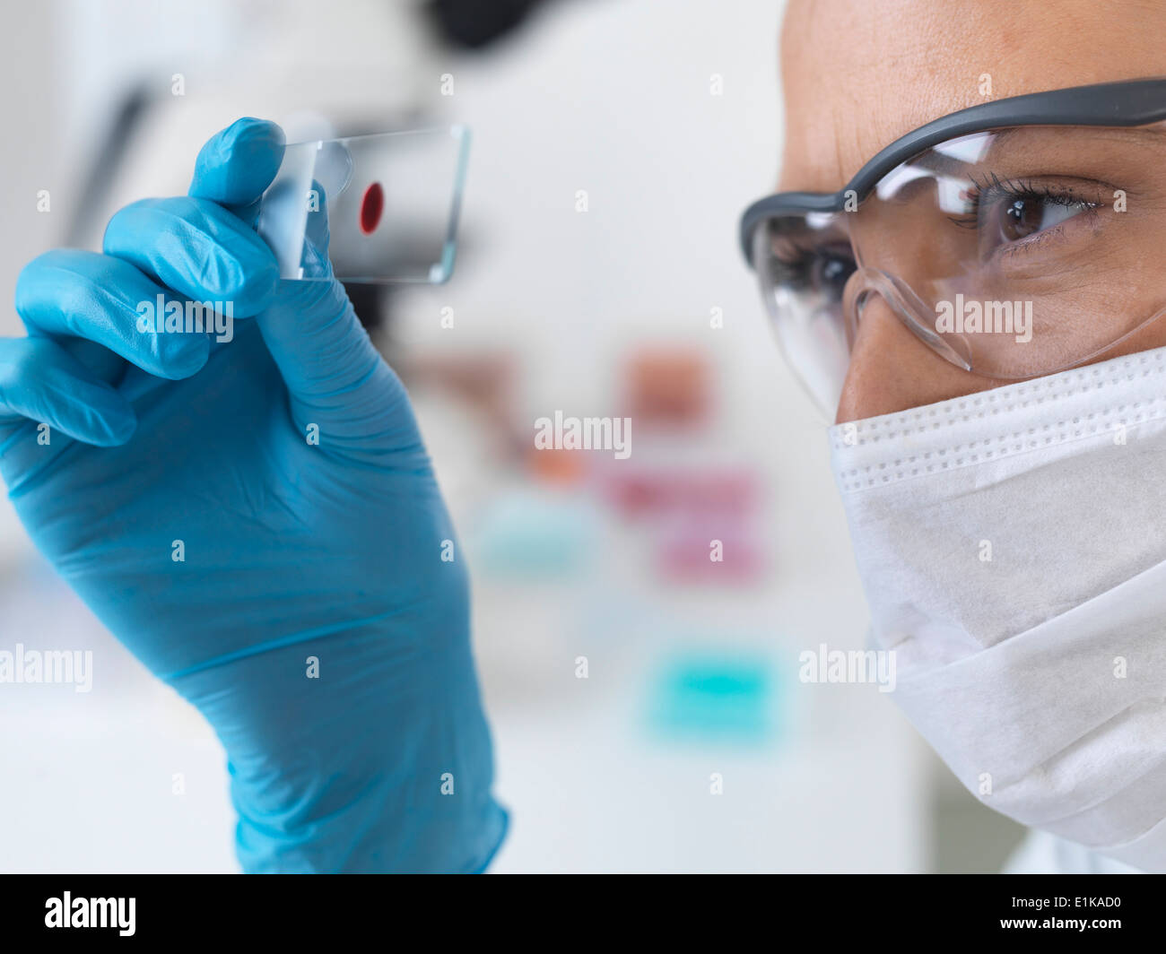 Female scientist holding a microscope slide with a blood sample Stock