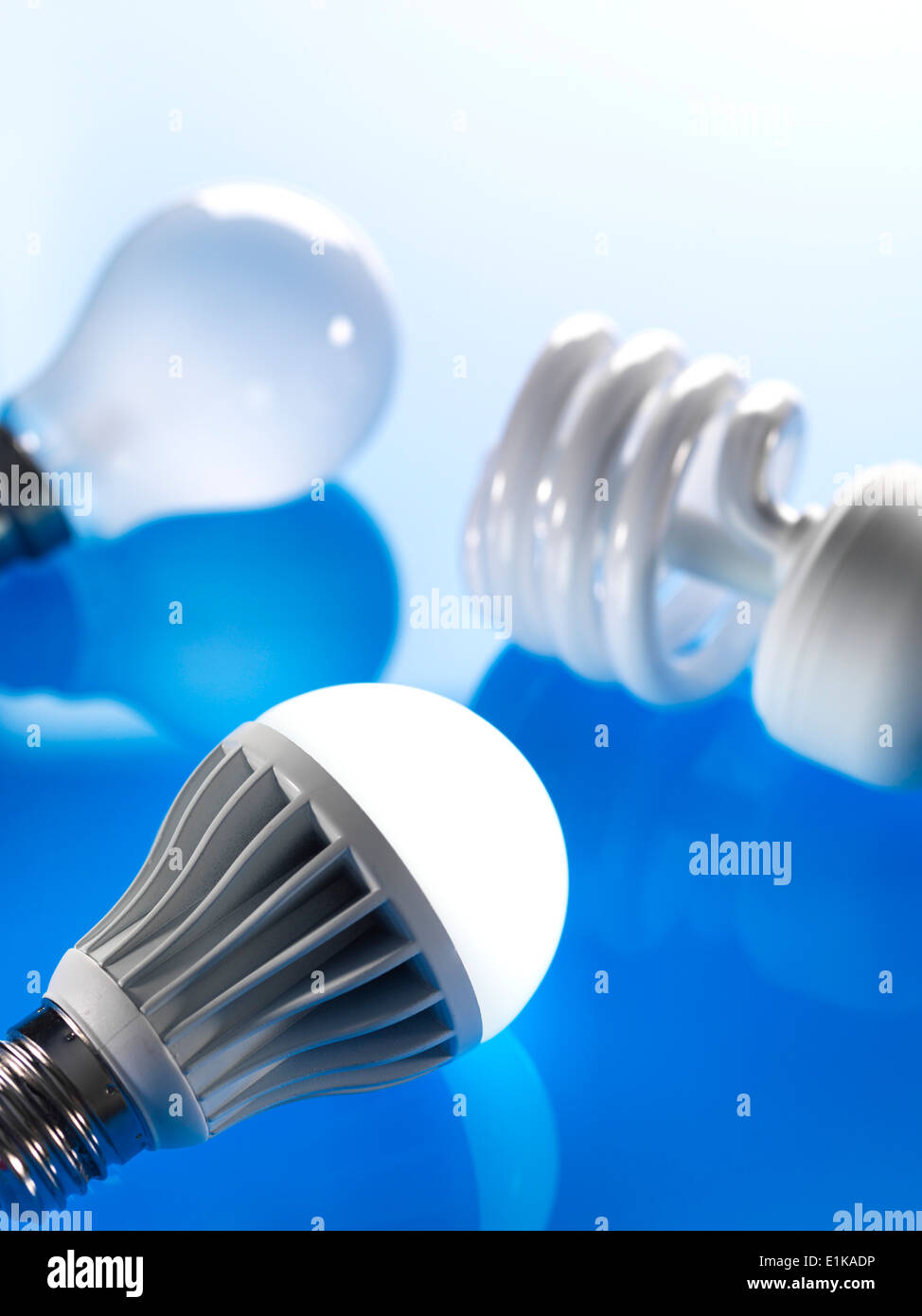 Standard energy saving and LED lightbulbs. Stock Photo