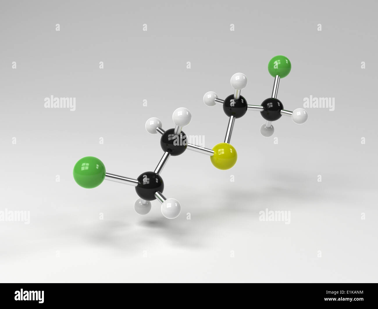 Molecular structure of mustard gas molecule showing carbon (black) chlorine (green) hydrogen (white) and sulphur (yellow) Stock Photo