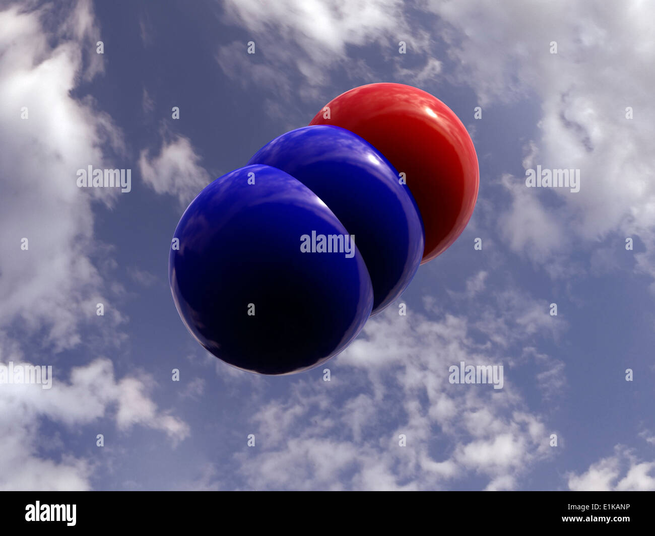 Molecular structure of nitrous oxide showing nitrogen (blue) and oxygen